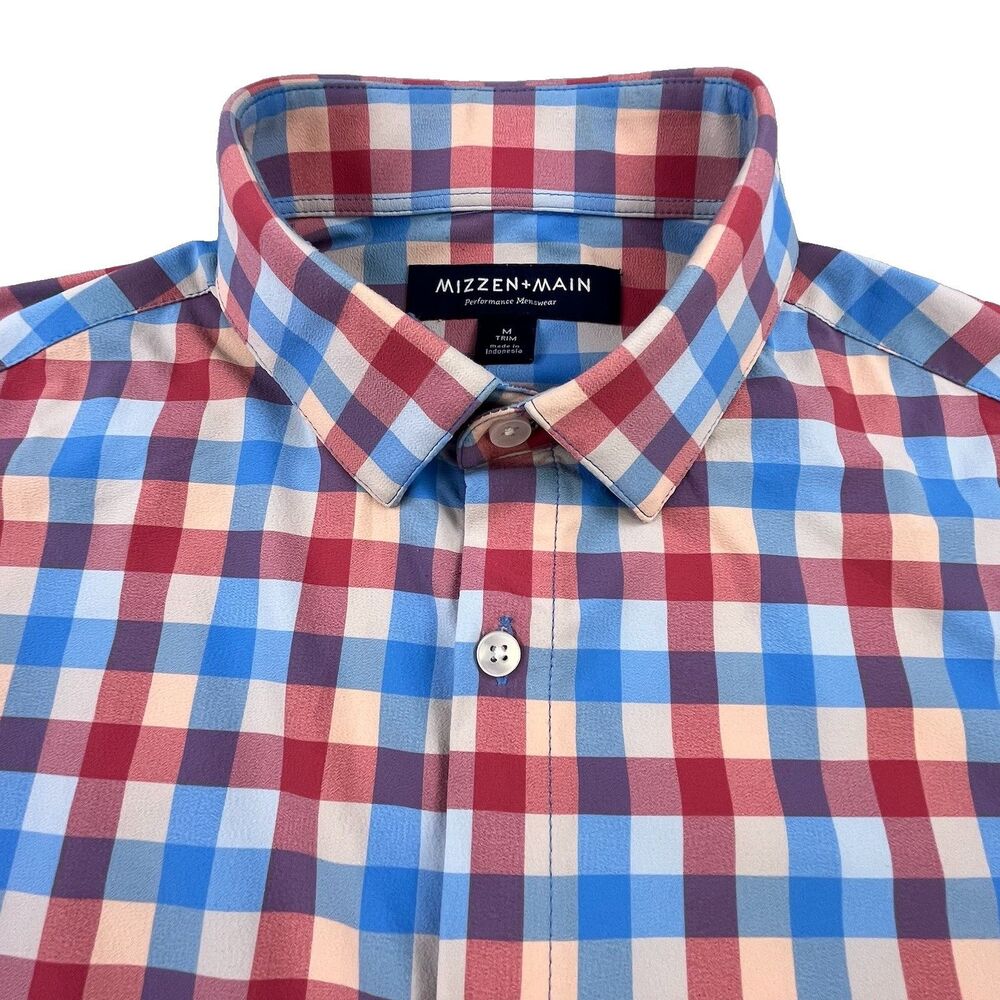 Mizzen + Main Performance Shirt Mens Medium Blue Red Check Trim Fit Stretch